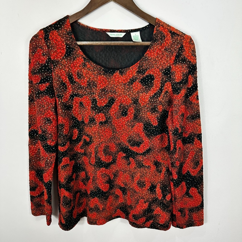 Laura Ashley Blouse Womens Small Red Black Gold Metallic Popcorn Long Sleeve Top